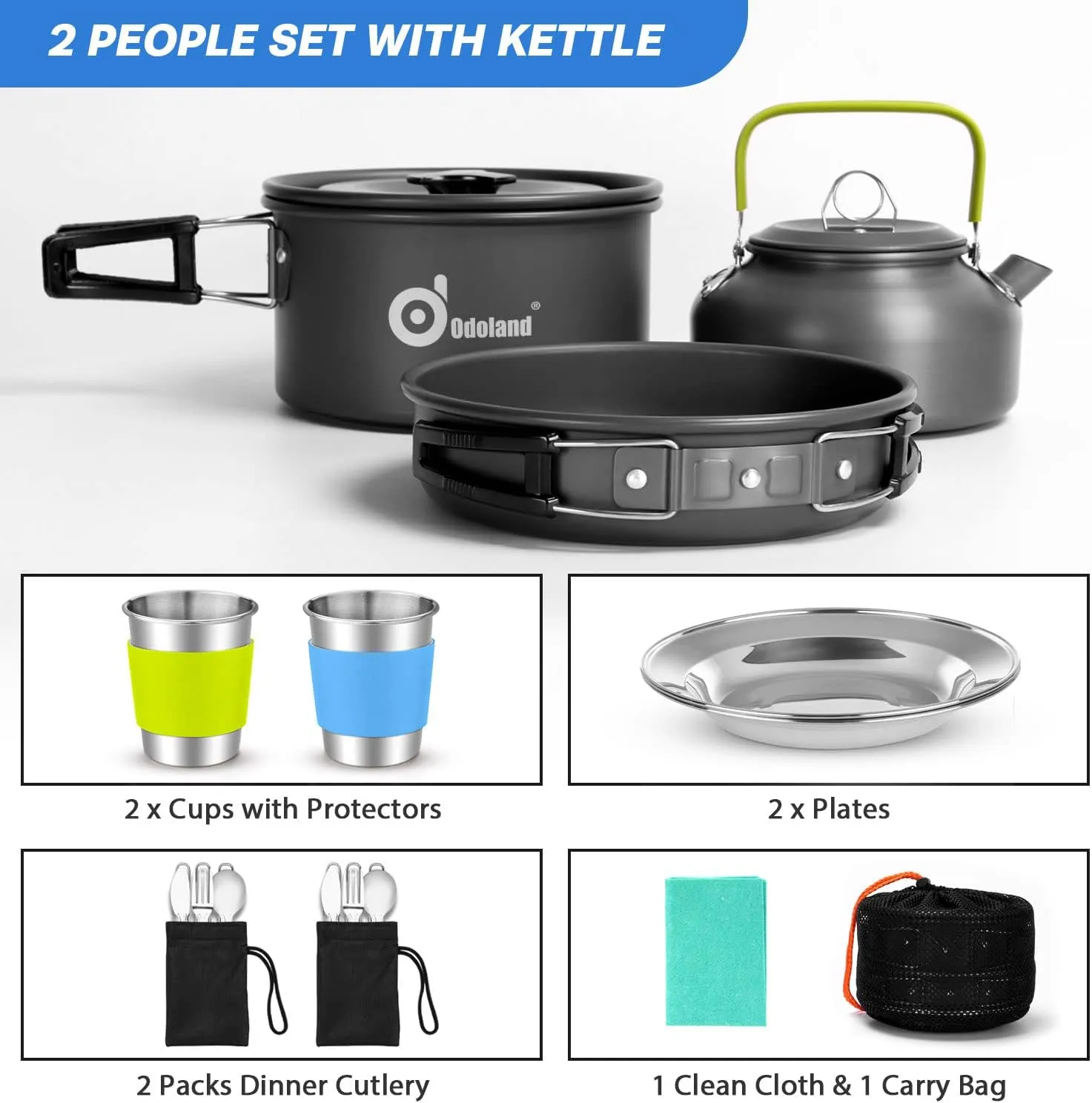Odoland 15pcs Camping Cookware Mess Kit, Non-Stick Lightweight Pot Pan Kettle Set with Stainless Steel Cups Plates Forks Knives Spoons for Camping, Backpacking, Outdoor Cooking and Picnic 4 Odoland 15pcs Camping Cookware Mess Kit, Non-Stick Lightweight Pot Pan Kettle Set with Stainless Steel Cups Plates Forks Knives Spoons for Camping, Backpacking, Outdoor Cooking and Picnic - Image 4